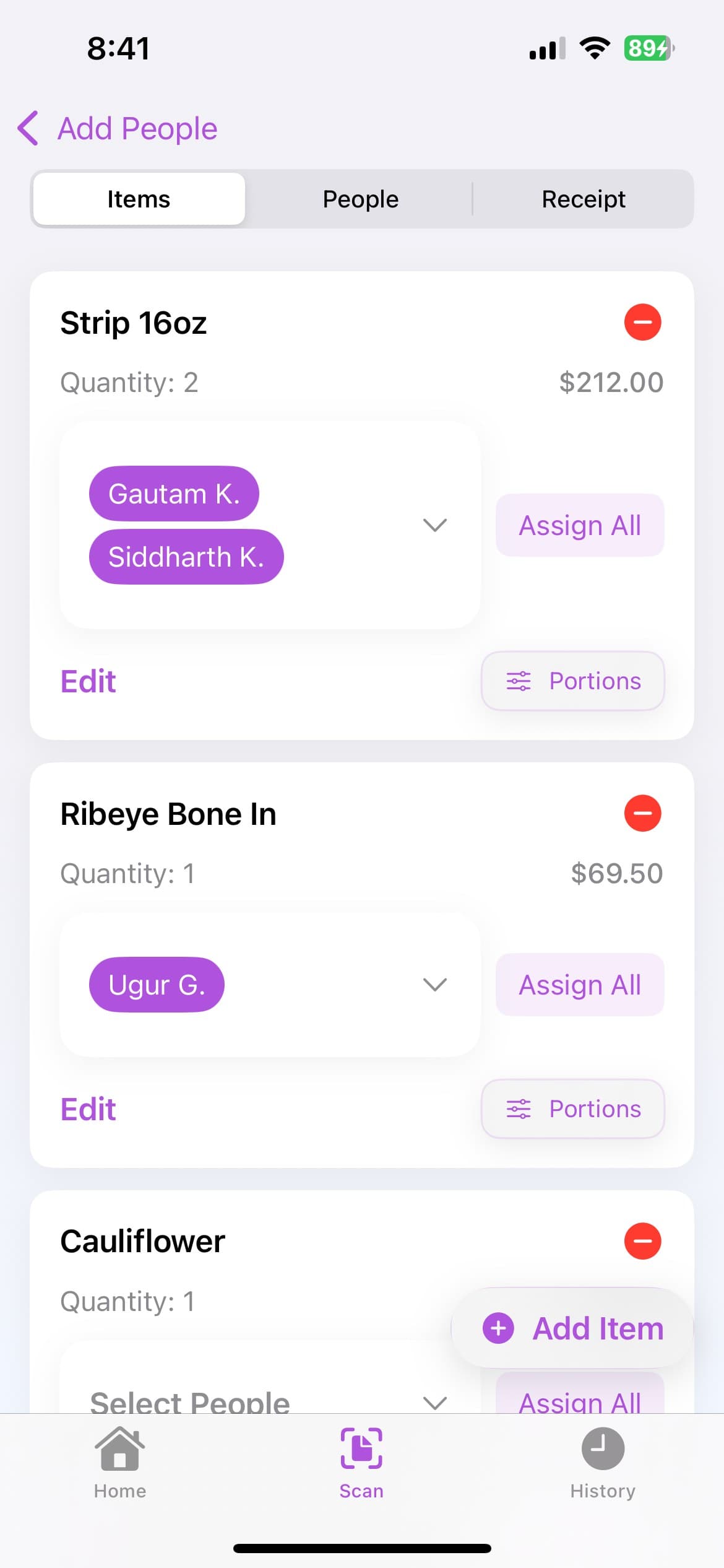 SplitNShare items screen: a shared steak assigned to two people, other items assigned individually