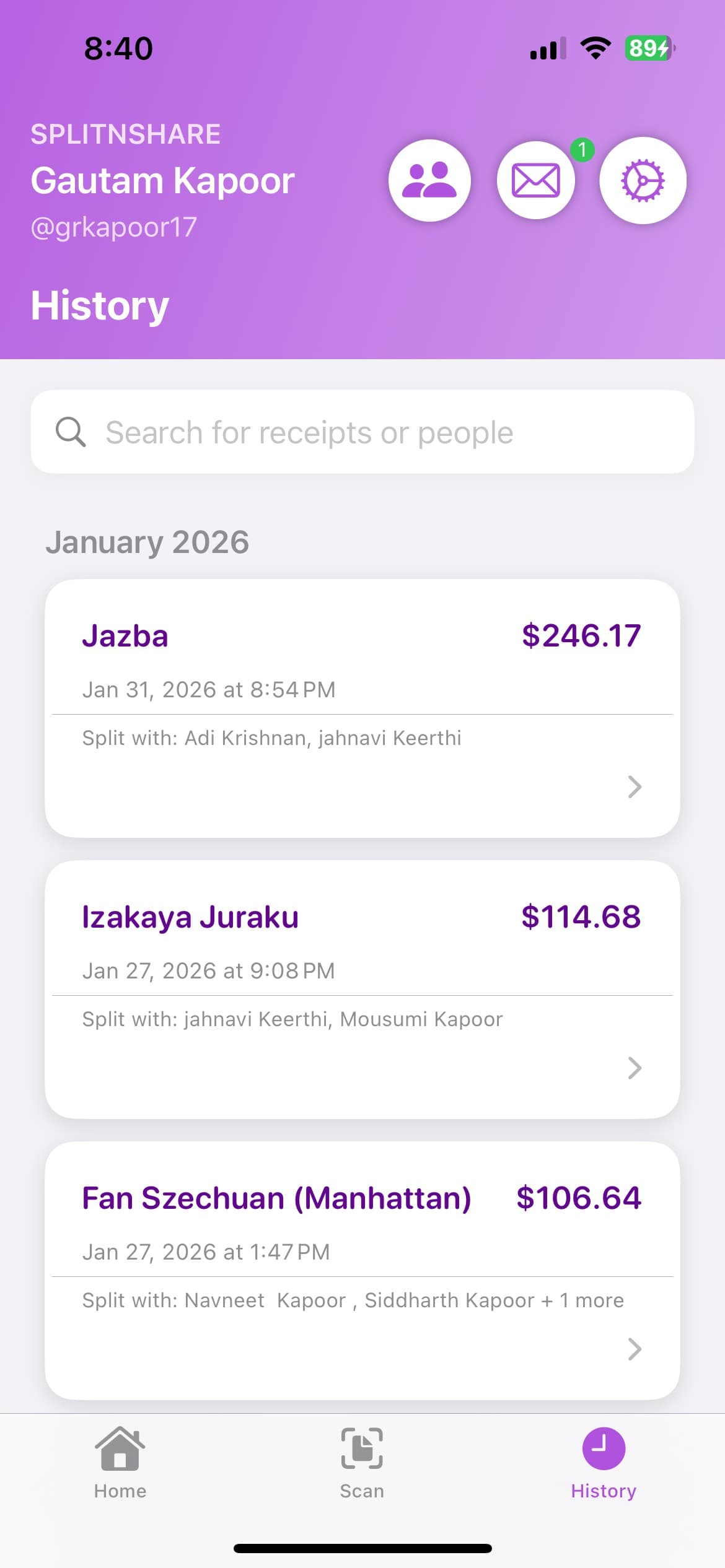 SplitNShare history of saved receipt splits