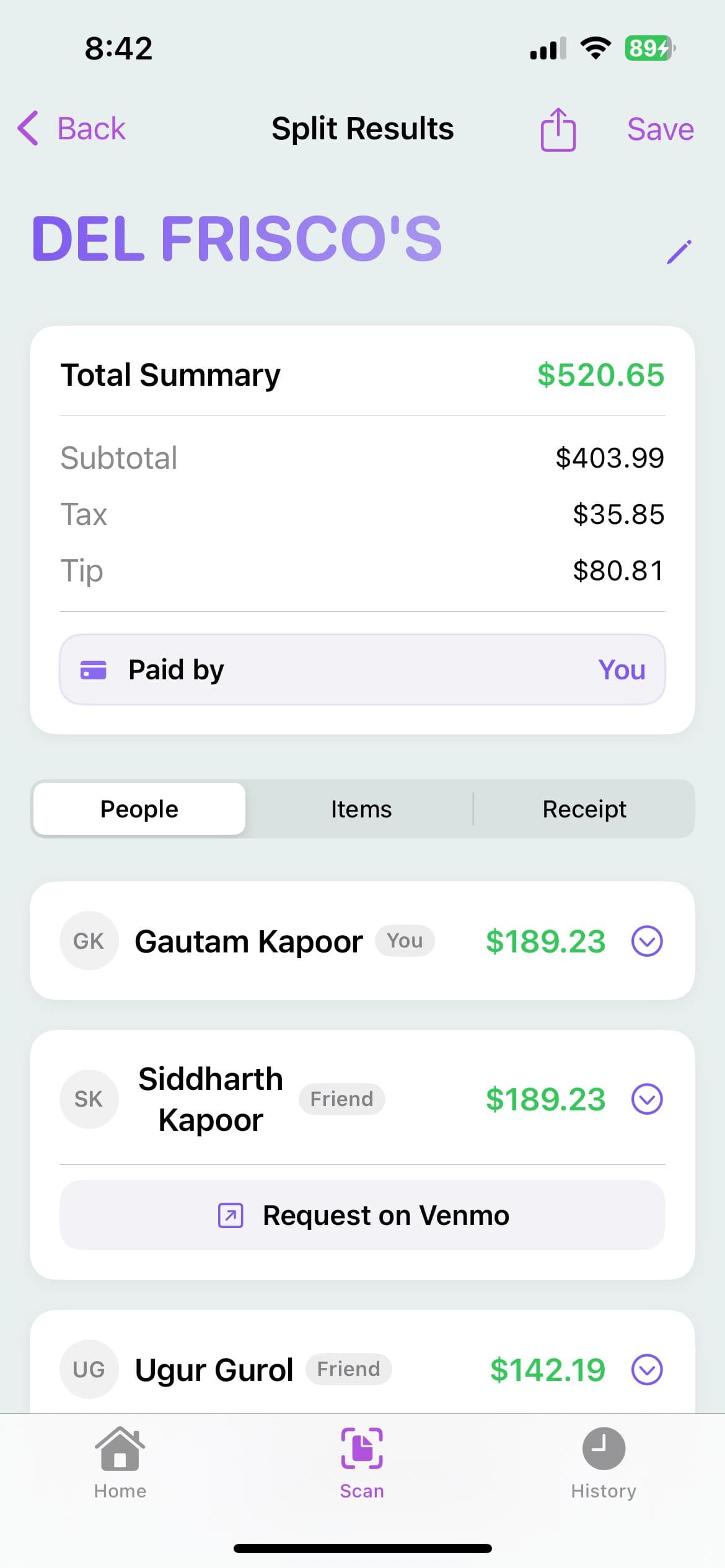SplitNShare split results: subtotal, tax, and tip with each person's total and a Request on Venmo button